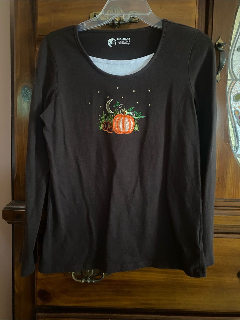 Holiday Editions Brown Long Sleeve Top with Pumpkin Embroidery
